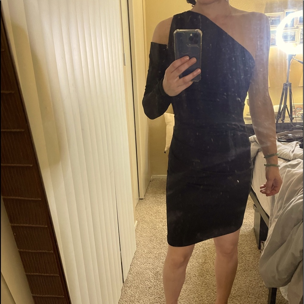 One shoulder cotton black cocktail dress